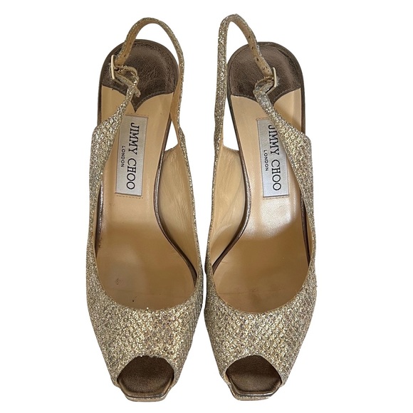 Jimmy Choo Leather Glitter Open Toe Sling Back Heels Champagne Gold Size 38.5 - Picture 6 of 14